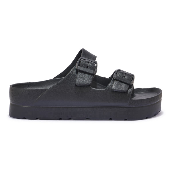 Black PU Faux Leather Buckle Strap Sandals Sliders Sizes 3-7